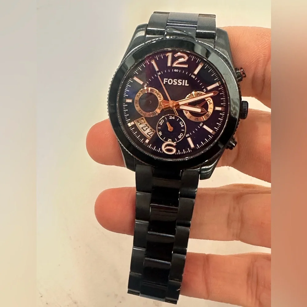 Fossil Perfect Boyfriend Blue Stainless Steel Chronograph Watch w/Rose Gold - Picture 6 of 8